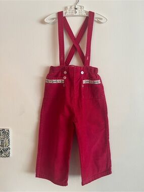 1960’s Vintage Crimson Corduroy Overalls with Floral Trim